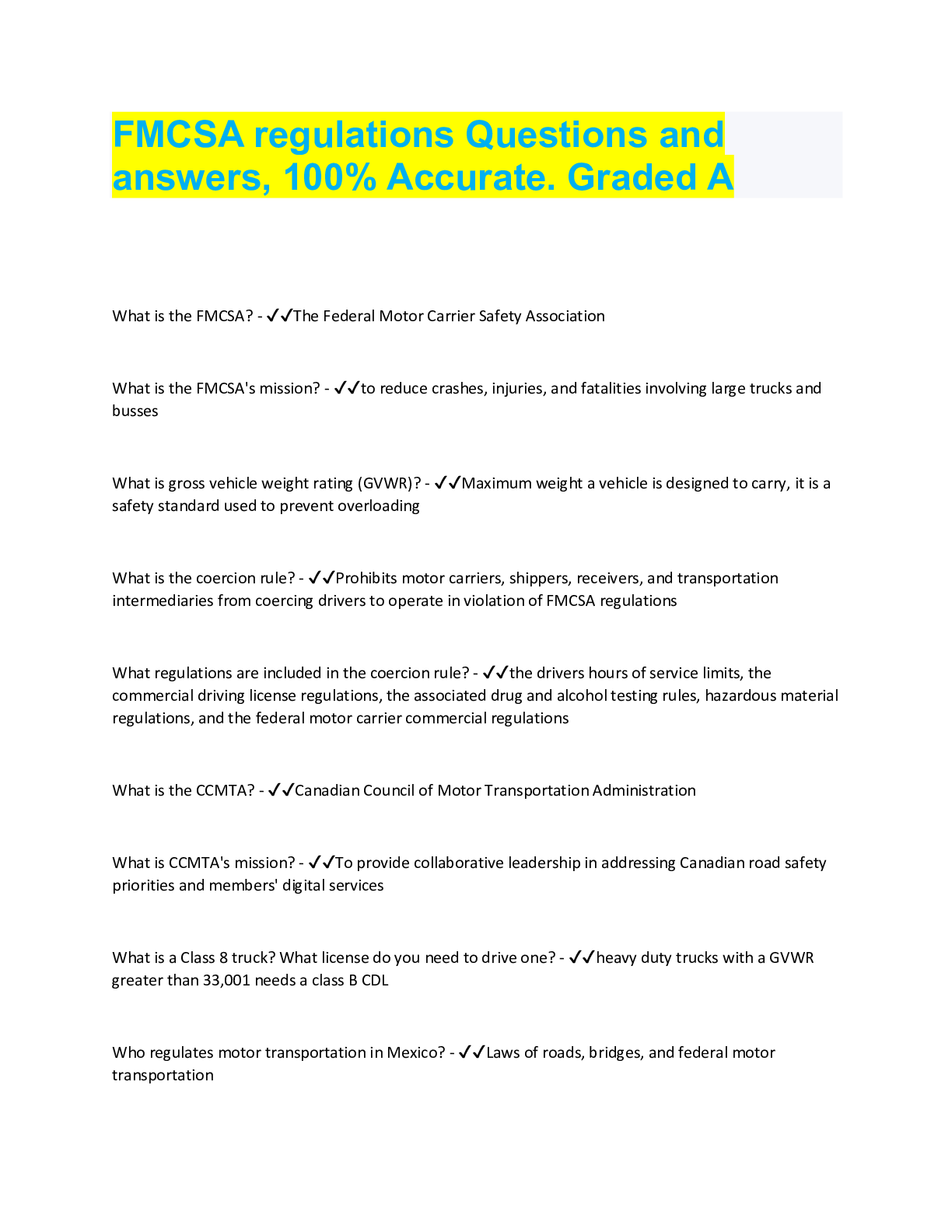 FMCSA regulations Questions and answers, 100 Accurate. Graded A